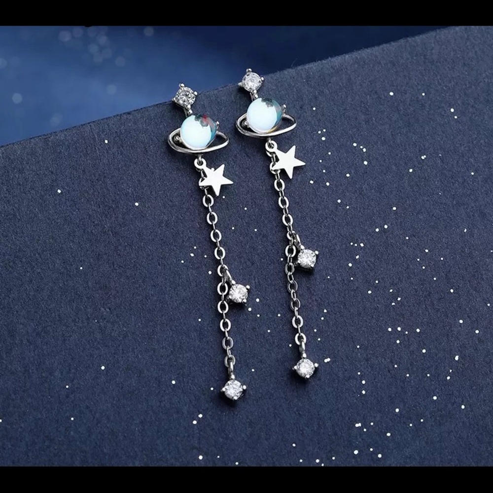 Sterling Silver Star Drop Earrings- Sterling Silver Planet Earrings